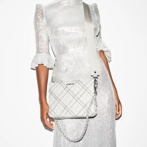 MZ Wallace Large Light Gray And Silver Quilted Crossby Pippa Bag In Frost Tinsel